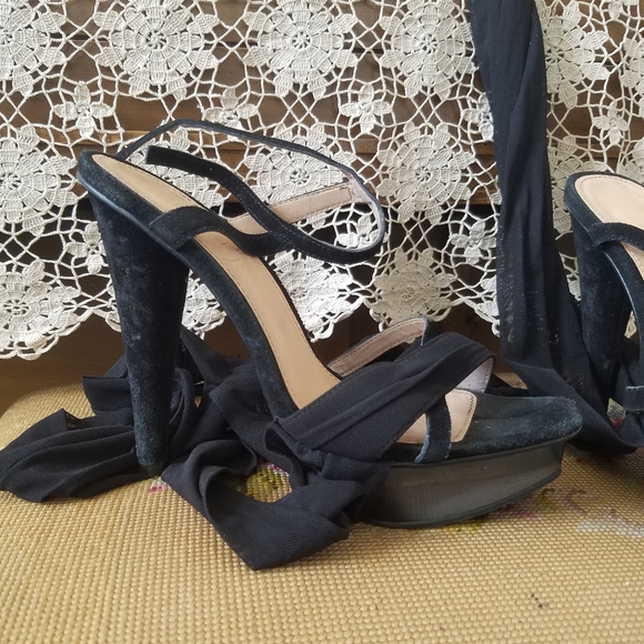 Black Suede Tie Up Smoky Heels - Picture 5 of 15